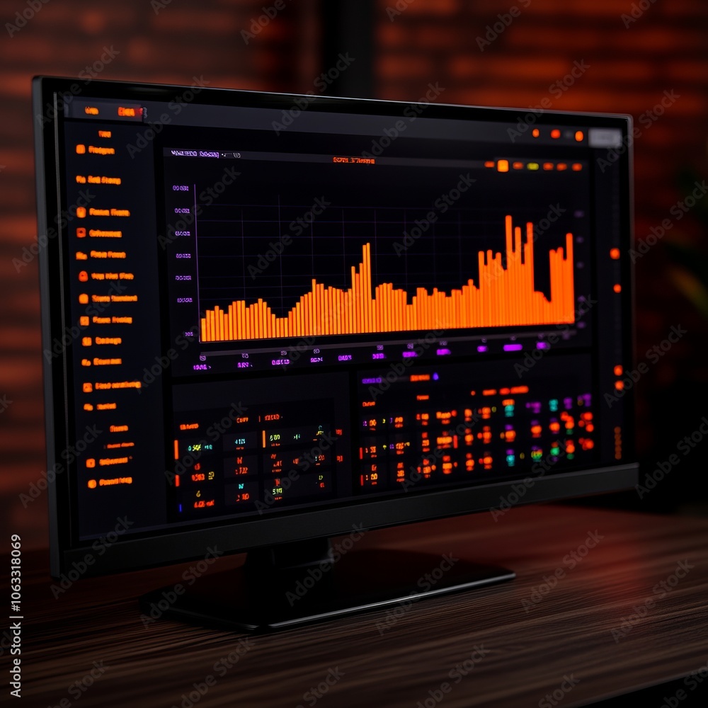 A computer monitor displaying a vibrant data visualization interface. A computer monitor displaying a vibrant data visualization interface.