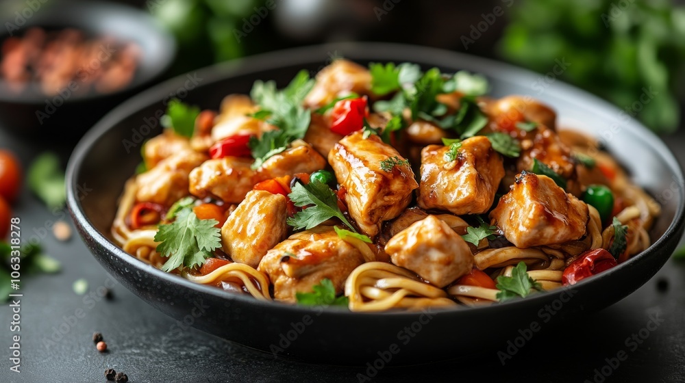 a plate of stir-fried chicken with noodles and vegetables a plate of stir-fried chicken with noodles and vegetables