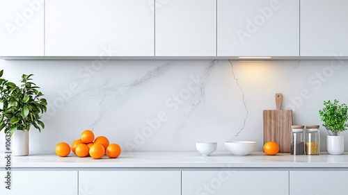 Modern white kitchen with marble backsplash, oranges, wooden cutting board, and plants
