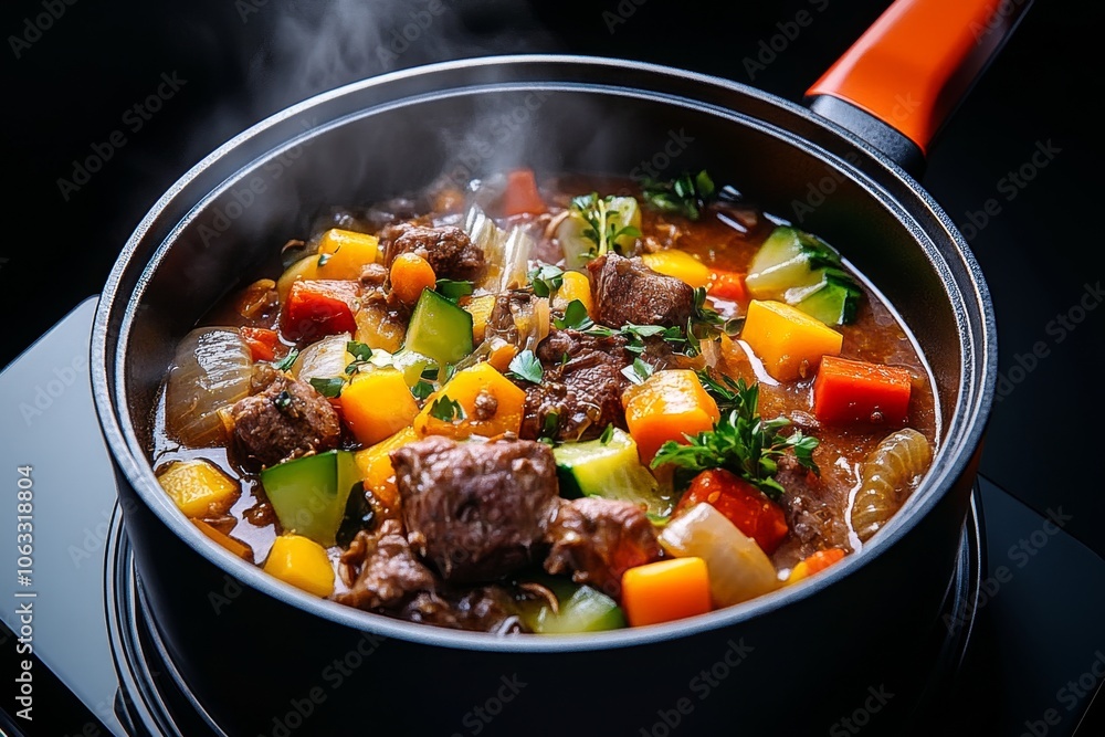 3D-rendered pot of stew simmering with vegetables and meat, with steam and detailed textures creating a rich, inviting scene 3D-rendered pot of stew simmering with vegetables and meat, with steam and detailed textures creating a rich, inviting scene