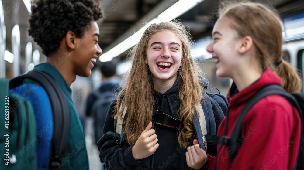 Three friends share laughter and joy at the subway station while embracing life's moments together Three friends share laughter and joy at the subway station while embracing life's moments together