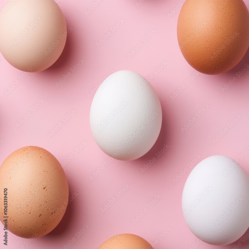 Fototapeta premium A flat lay of various eggs on a pink background.