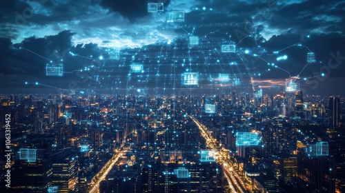 Night Cityscape with Digital Network Connections