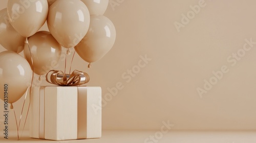 Beige Balloons and Gift Box on a Neutral Background