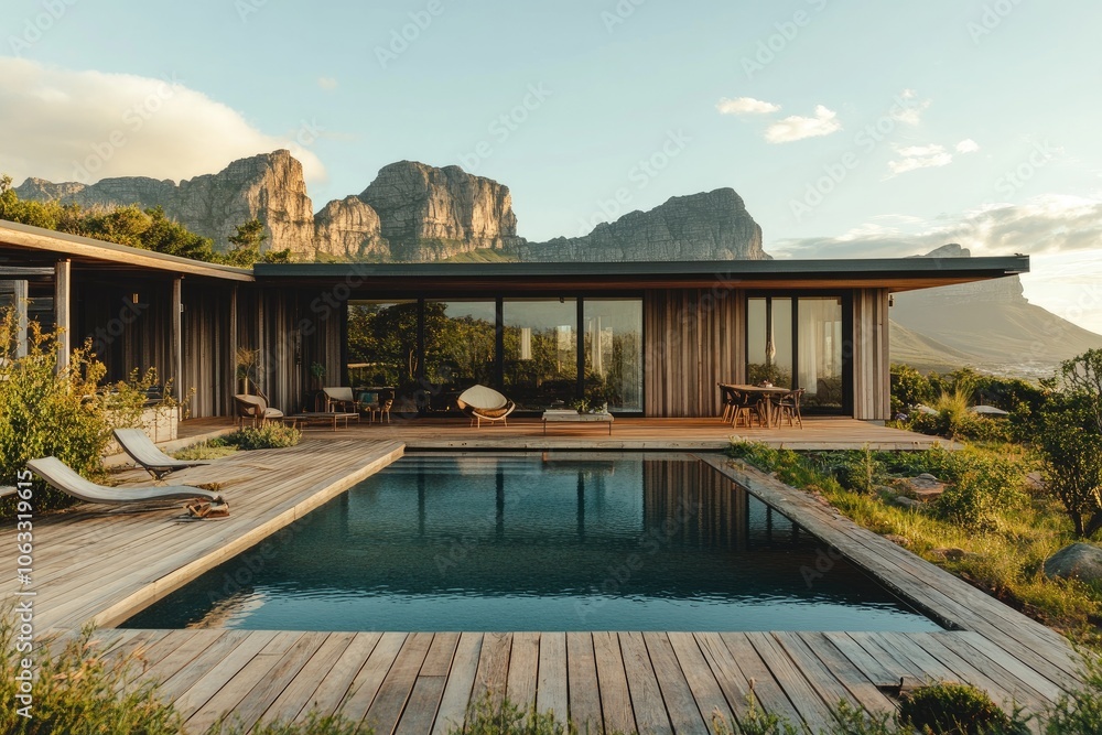 Fototapeta premium Modern architecture, a wooden deck, and a garden with a swimming pool