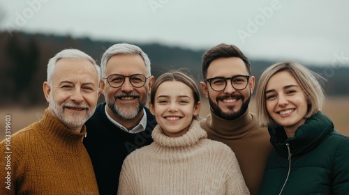 Heartwarming family portrait showing a diverse group of smiling relatives from different embracing each other in a joyful family reunion  The deep depth of field creates a intimate cozy atmosphere photo