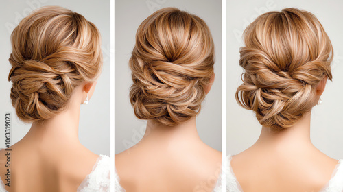 Elegant updo hairstyle showcased from three angles, perfect for bridal or formal occasions, featuring soft waves and intricate styling details. photo