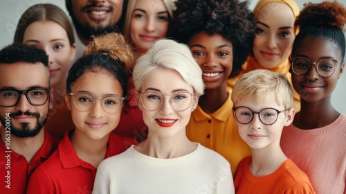 A diverse group of people from different ages and ethnicities standing together smiling and connected in a deep depth of field portrait This image represents unity community