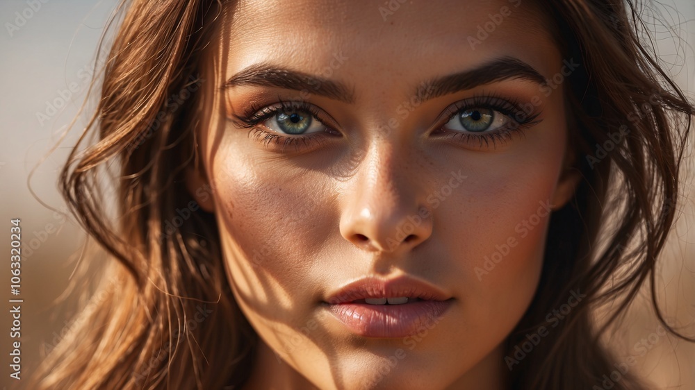 A woman with piercing green eyes and soft makeup looks serenely into the camera, creating a captivating portrait. A woman with piercing green eyes and soft makeup looks serenely into the camera, creating a captivating portrait.