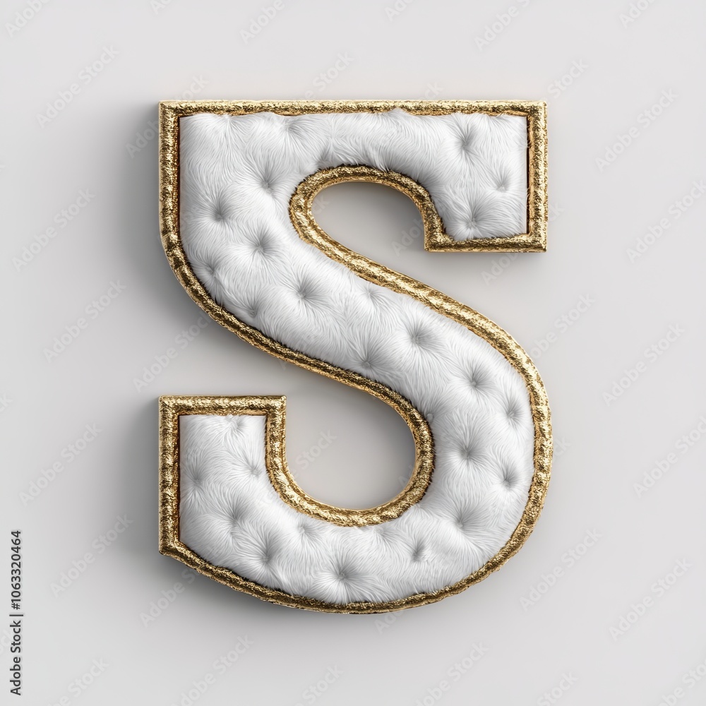 A decorative letter 'S' designed with a white leather texture and gold trim. A decorative letter 'S' designed with a white leather texture and gold trim.