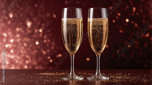 Two glasses of champagne set against a sparkling, festive background, capturing a celebratory and elegant mood.