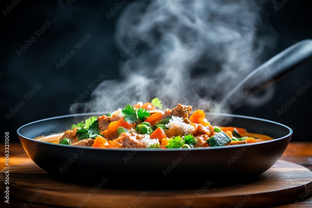 A curry simmering with spices, coconut milk, and vegetables, with the bright, rich sauce releasing fragrant steam A curry simmering with spices, coconut milk, and vegetables, with the bright, rich sauce releasing fragrant steam