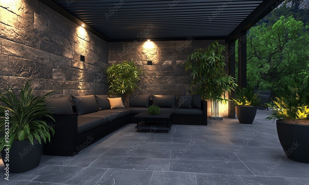 Fototapeta premium An outdoor seating area with black walls decorated with lights