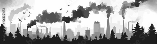 Black and white flat illustration on the topic of air pollution. Environmental pollution.