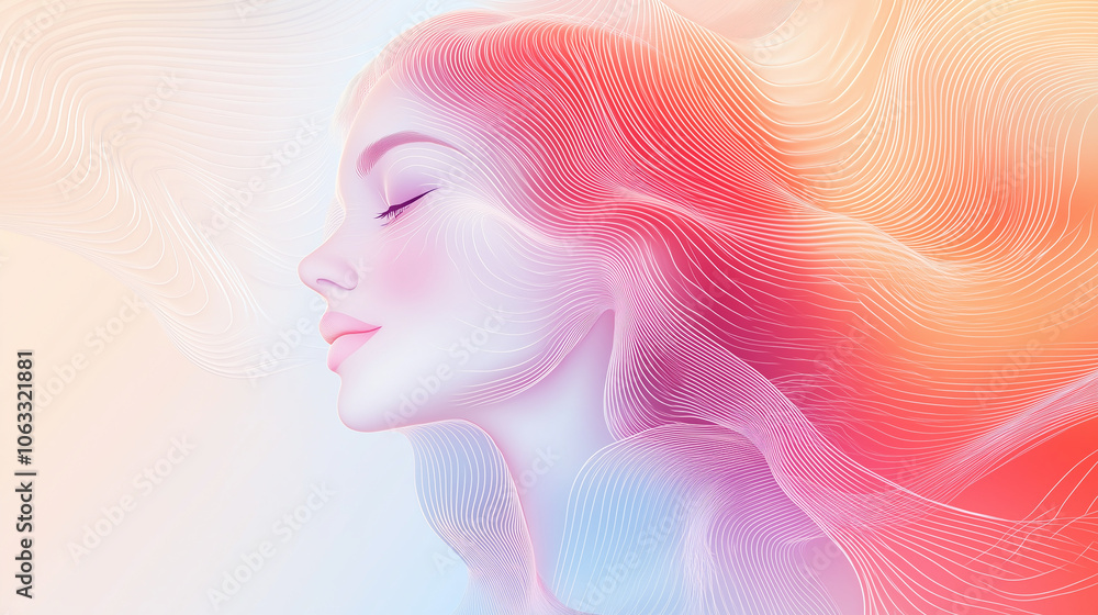 Elegant feminine outline formed from flowing ribbons, illustrated in a playful, contemporary style with pastel colors and soft gradients, capturing a sense of movement and joy Elegant feminine outline formed from flowing ribbons, illustrated in a playful, contemporary style with pastel colors and soft gradients, capturing a sense of movement and joy