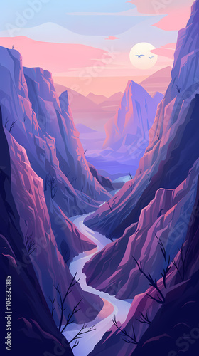 A serene, stylized landscape of a winding river surrounded by majestic mountains at sunset, showcasing vibrant pink and purple hues.