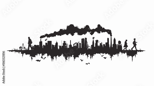 Black and white flat illustration on the topic of air pollution. Environmental pollution.