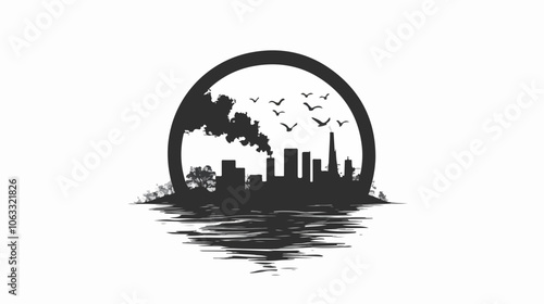 Black and white flat illustration on the topic of air pollution. Environmental pollution.