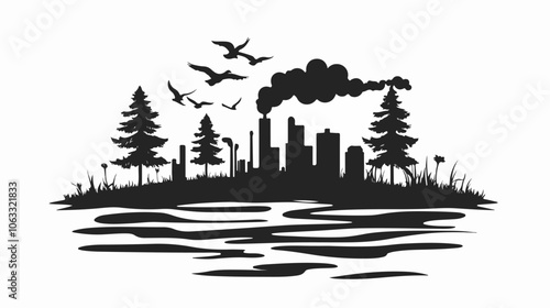 Black and white flat illustration on the topic of air pollution. Environmental pollution.