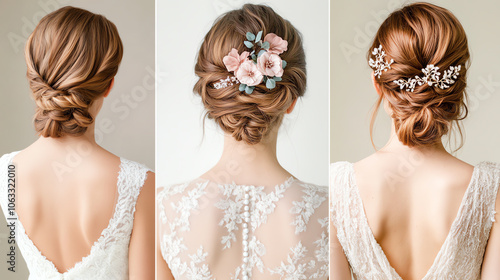 Three elegant bridal hairstyles featuring intricate twirls and floral accents, showcasing beauty and sophistication for weddings. photo