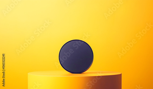 A black vintage alarm clock standing against a vibrant yellow background. 