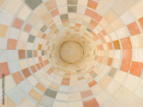A circular tunnel made of pastel-colored ceramic tiles, viewed from the top looking down at an angle. The tile pattern is a mix of light orange, pale pink, soft blue, peachy beige, and white