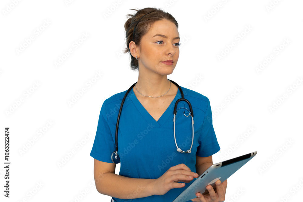Young nurse in scrubs efficiently using a tablet for patient care Young nurse in scrubs efficiently using a tablet for patient care