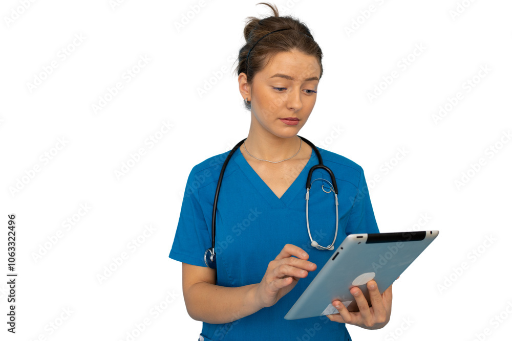 Young nurse in scrubs efficiently using a tablet for patient care Young nurse in scrubs efficiently using a tablet for patient care