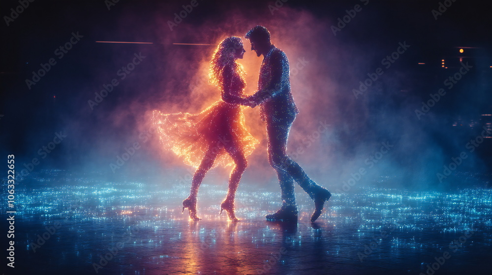 Naklejka premium A couple, one woman and one man, dances under a hazy, starry sky with lights reflecting off the ground.