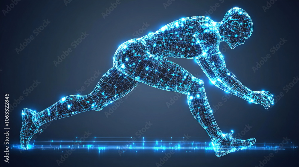 Fototapeta premium A digital rendering of an athlete in a starting position, ready to launch into a race, captured in a vibrant blue and white palette.