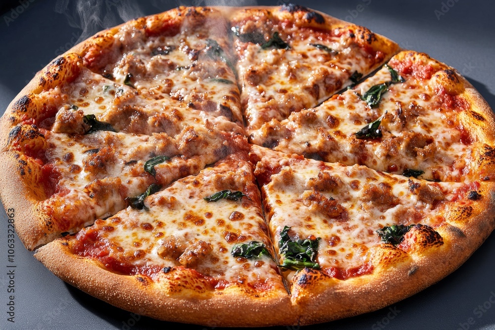 A hot pizza fresh out of the oven, with steam rising from the melted cheese and toppings, creating a sense of anticipation A hot pizza fresh out of the oven, with steam rising from the melted cheese and toppings, creating a sense of anticipation