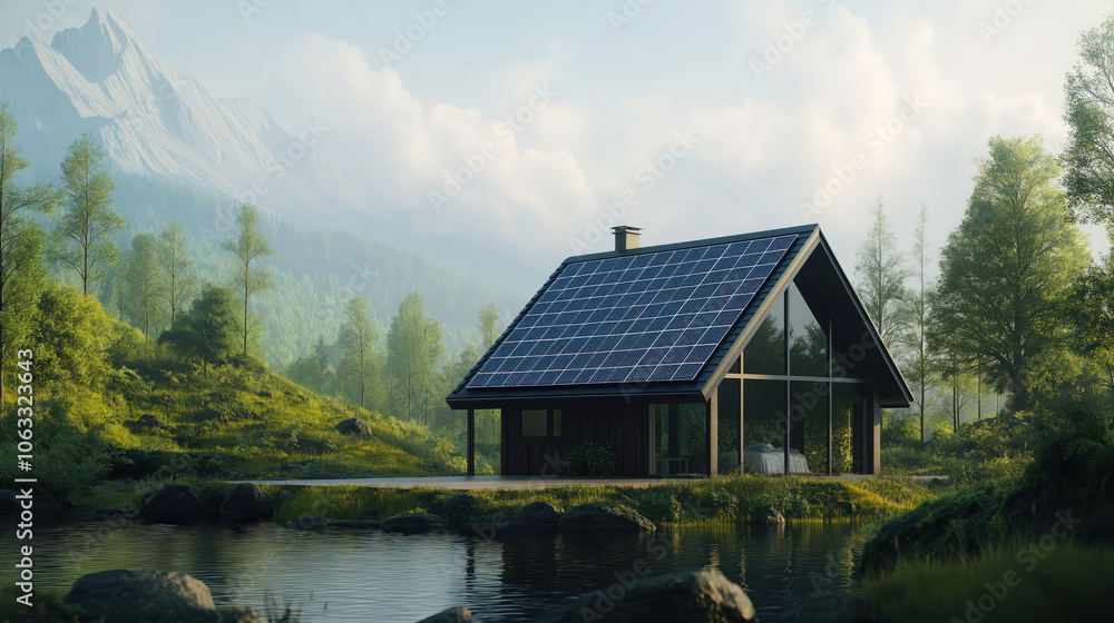 Fototapeta premium Eco-friendly house with solar panels in mountain landscape