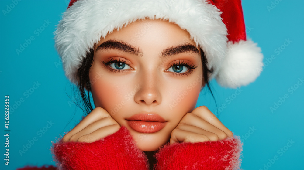 Close-up photo of a positive girl in a Santa Claus hat touching her face with her fists, chin on a blue background. Close-up photo of a positive girl in a Santa Claus hat touching her face with her fists, chin on a blue background.