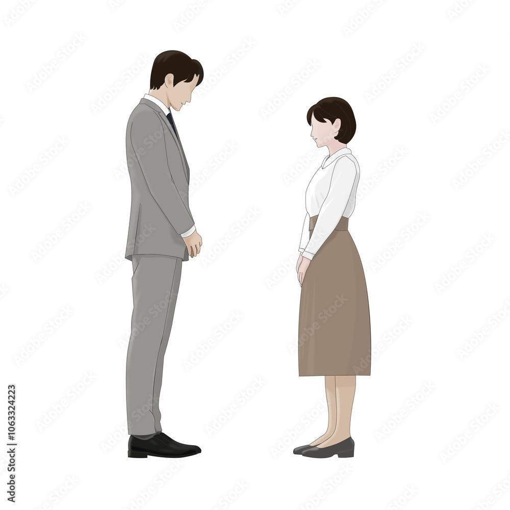 男性と女性が初対面で向き合い挨拶するイラスト 男性と女性が初対面で向き合い挨拶するイラスト