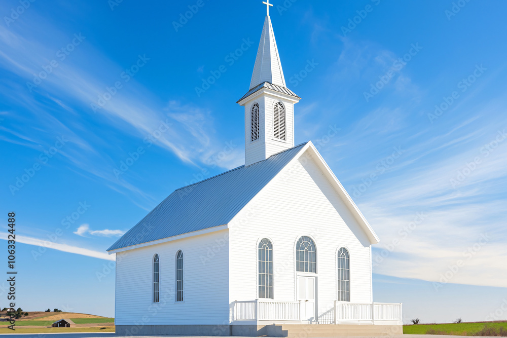 Fototapeta premium a modest white clapboard church with simple steeple against blue sky