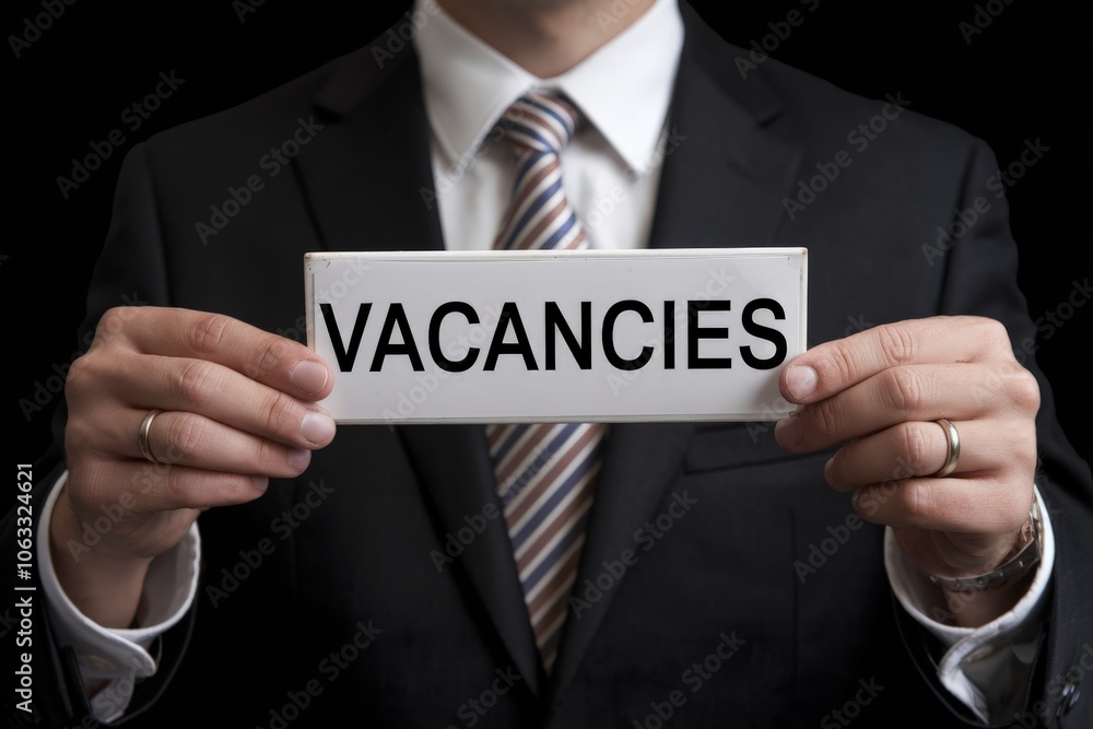 Man in suit holding sign with word vacancies, business concept. Man in suit holding sign with word vacancies, business concept.
