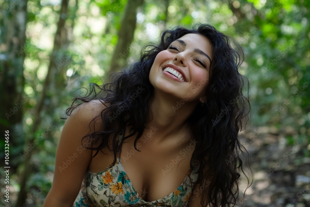 Joyful young mexican american woman enjoying nature, smiling and posing playfully in a forest setting Leisure and happiness concept focused on outdoor relaxation Joyful young mexican american woman enjoying nature, smiling and posing playfully in a forest setting Leisure and happiness concept focused on outdoor relaxation