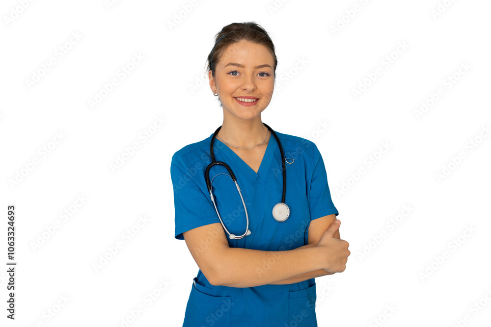 Compassionate nurse in scrubs ready to provide care Compassionate nurse in scrubs ready to provide care