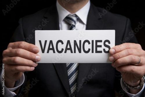 Man in suit holding sign with word vacancies, business concept.