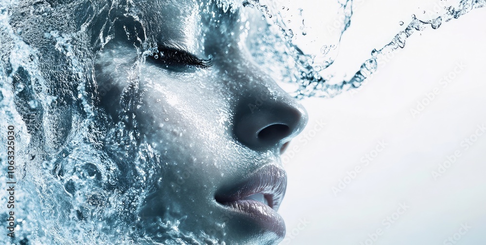 Water splashing on a beautiful woman's face, against a white background Water splashing on a beautiful woman's face, against a white background