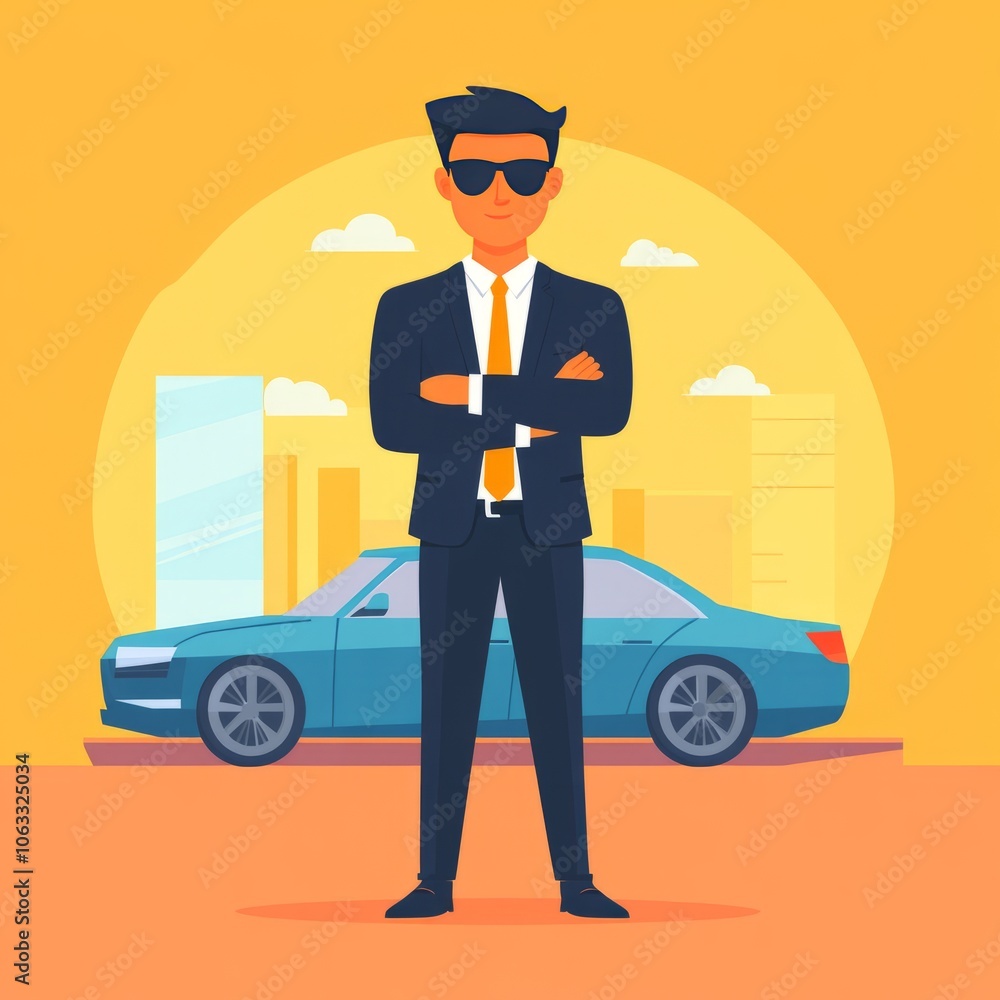 A confident businessman stands in front of a luxury car against a city backdrop. A confident businessman stands in front of a luxury car against a city backdrop.