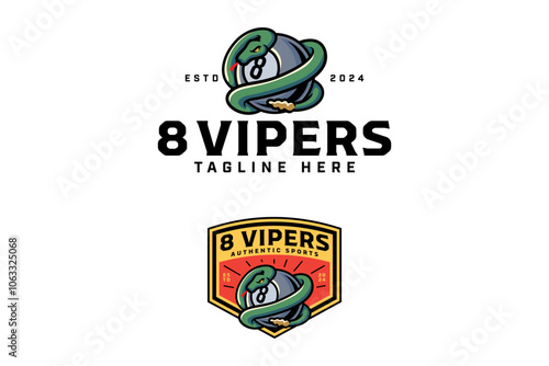 billiard black ball 8 with snake, viper logo design. 8 billiard ball wrapped serpent, reptile badge logo design set. modern billiard ball illustration logo for billiard sport club and tournament