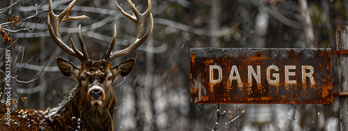 A majestic male deer with impressive antlers stands near a rusted 'Danger' sign, surrounded by a winter forest. photo