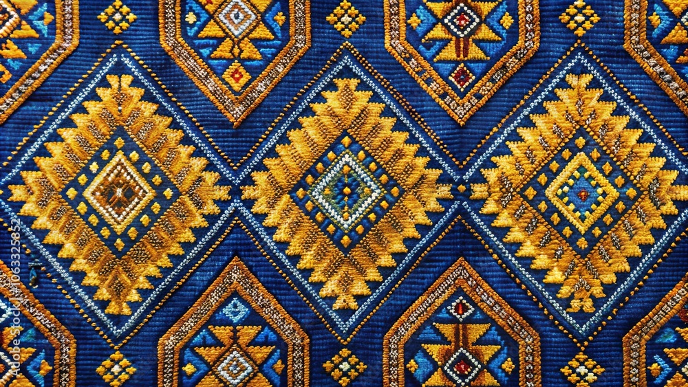 Intricate Geometric Pattern in Vibrant Yellow and Blue Hues, Embroidered with Precision on a Textured Surface Intricate Geometric Pattern in Vibrant Yellow and Blue Hues, Embroidered with Precision on a Textured Surface