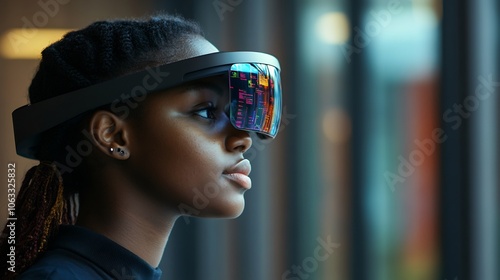 Immersive AI education Black student using machine learning cybersecurity projects interactive augmented reality features side view