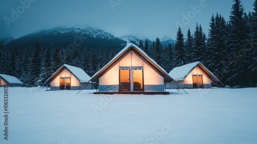 Glowing snow covered tents nestled in a serene snow laden forest landscape creating a magical atmospheric scene of winter wonder and adventure photo