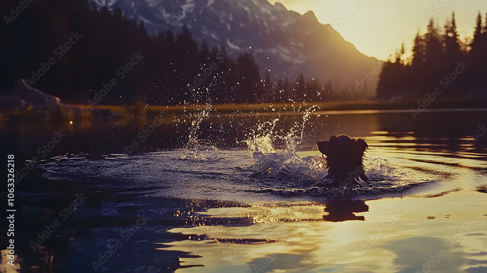 A Playful Mudi Dog Splashing Around While Swimming in a Crystal-Clear Lake Surrounded by Pine Trees and Majestic Mountains A Playful Mudi Dog Splashing Around While Swimming in a Crystal-Clear Lake Surrounded by Pine Trees and Majestic Mountains