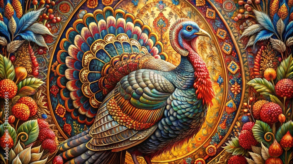 A majestic turkey with iridescent plumage stands adorned in a frame of vibrant floral patterns, a testament to the artistry of nature. A majestic turkey with iridescent plumage stands adorned in a frame of vibrant floral patterns, a testament to the artistry of nature.