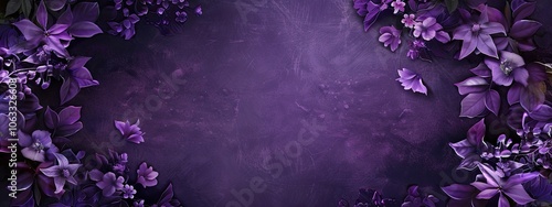 A beautiful arrangement of soft purple flowers, creating a delicate frame for any design or greeting card, banner generative ai. photo