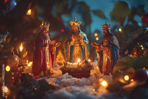 Three Kings figurines stand in a traditional nativity scene with festive lights and decorations. The display captures the warmth and spirit of Christmas. photo